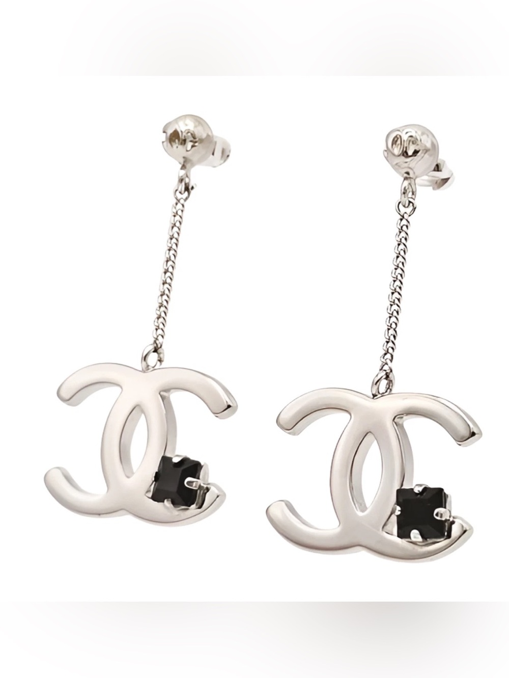 CHANEL CC Logo Dangle Earrings Silver Black Rhinestone Pierced